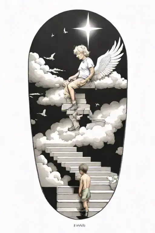 stairs to heaven with little boy sitting tattoo design idea