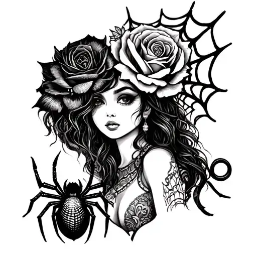Girl Chicano with Rosa and Spider lets the web tattoo design idea