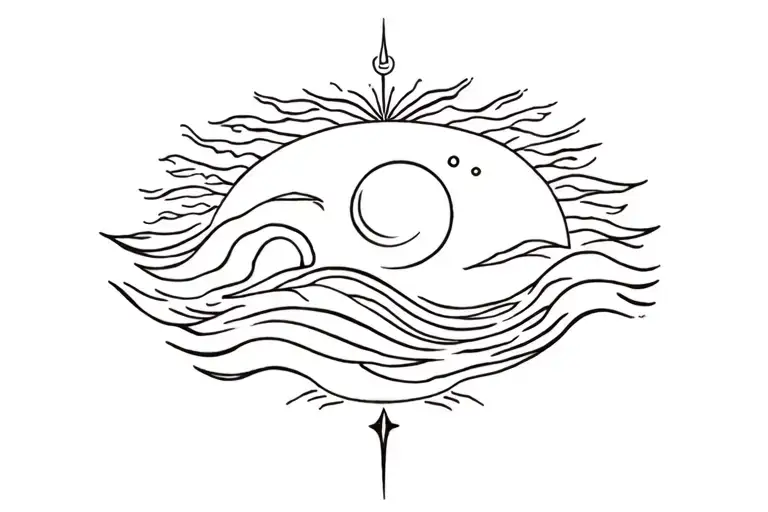 picese zodiac with cancer zodiac sign plus ocean wave, sun, moon. long for under breast tattoo design idea