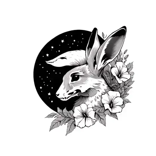 full body hare wearing a fox skull surrounded by a cresent moon with hibiscus tattoo design idea