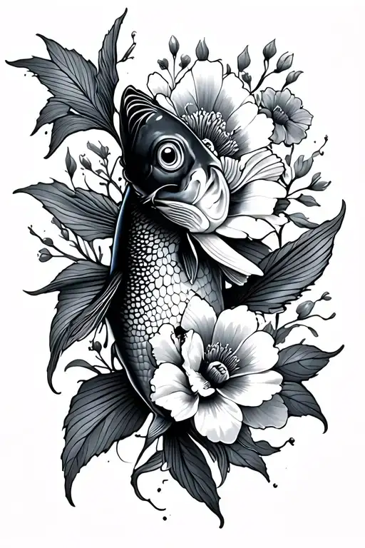 fish and dead flowers wrapped tattoo design idea
