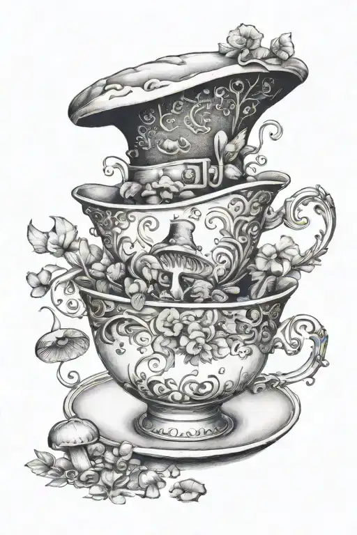 tea cup with magical mushrooms inspired by the Mad Hatter's hat, symbolizing the different roles of a mother tattoo design idea