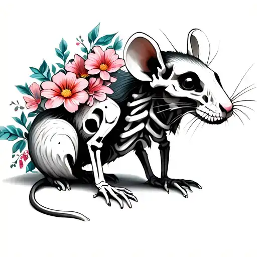 a skeleton rat with flowers tattoo design idea