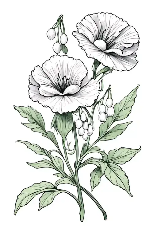 two carnation fliwers, a Lockspur flower, a lily-of-the-valley flower with a vine going through it tattoo design idea