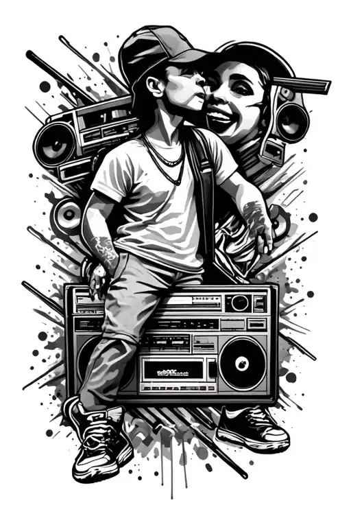 half sleeve tattoo with boombox and animated hiphop dancer with contrast and 3d effects tattoo design idea