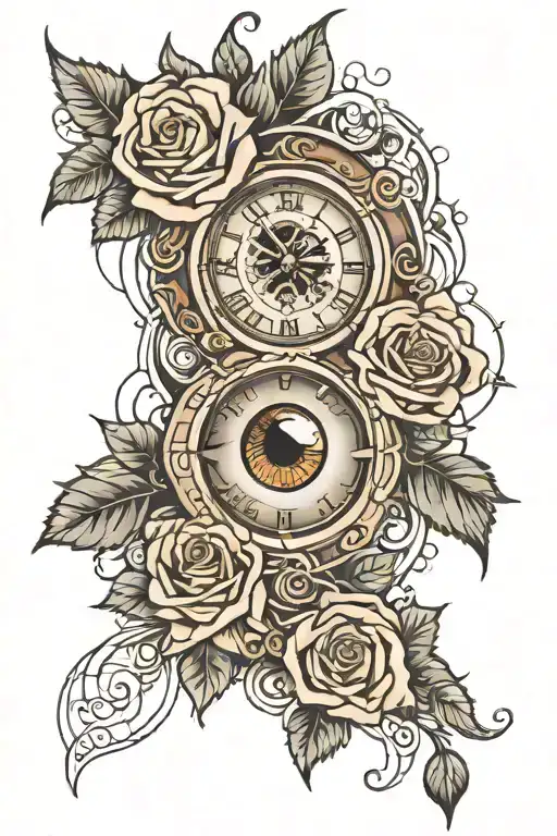 clock eye inside and roses around tattoo design idea