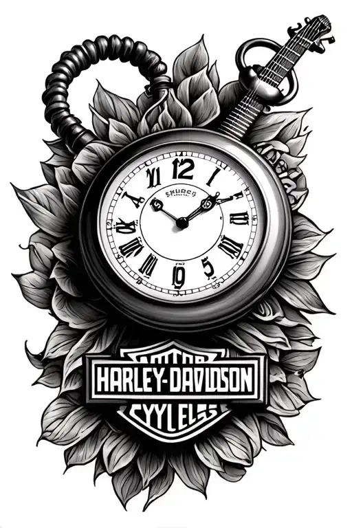 pocket watch, guitar, Harley Davidson logo tattoo design idea