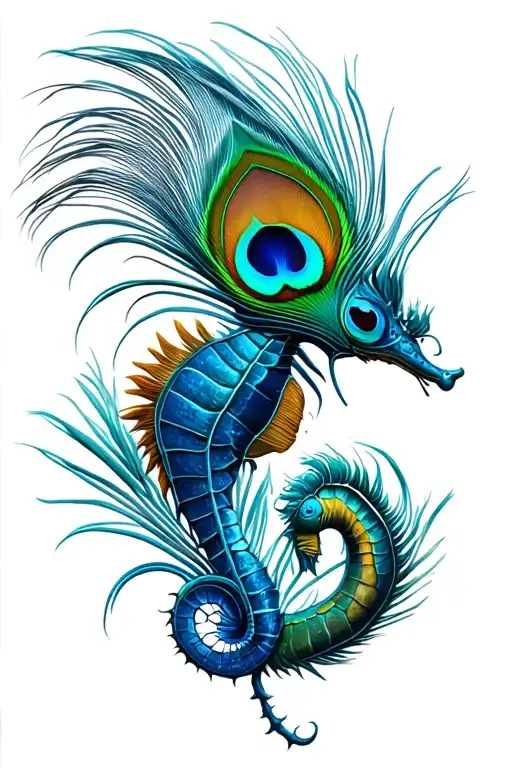 peacock feather with a sea horse with a laddy bug tattoo design idea