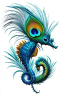 peacock feather with a sea horse with a laddy bug tattoo design idea