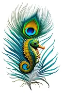 peacock feather with a sea horse with a laddy bug tattoo design idea