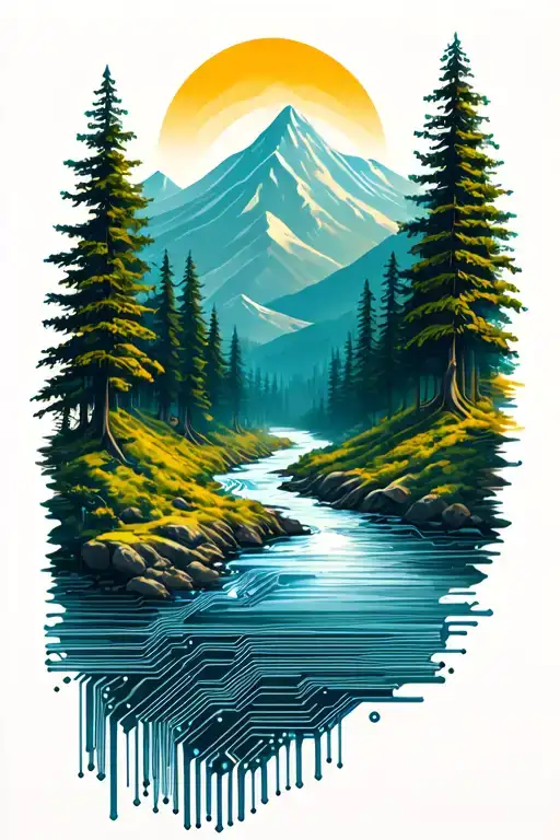 microchip circuit infused with forest with river flowing and  mountain in background  tattoo design idea