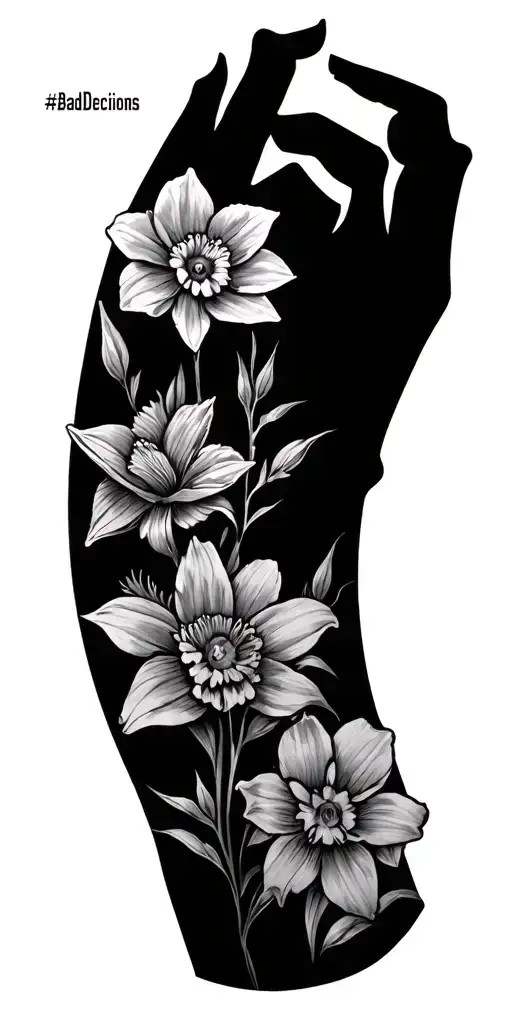 "#BadDecisions " Sagittarius and harley davidson and narcissus flowers  tattoo design idea