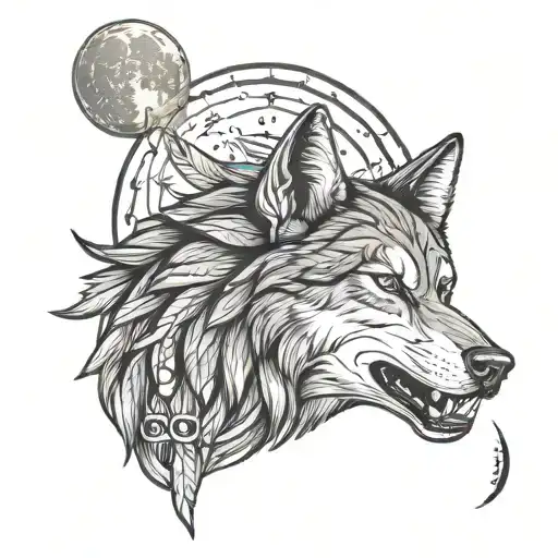 native american wolf howling at the moon tattoo design idea