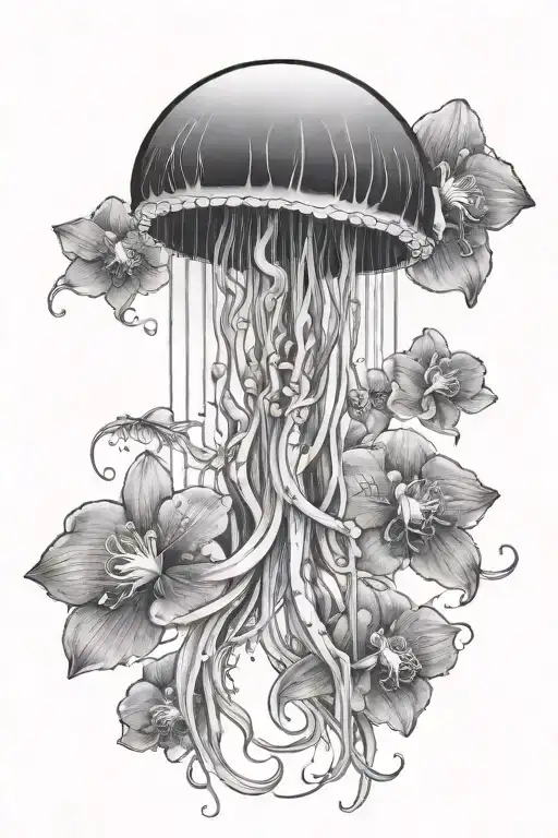 long jellyfish with orchids in its tentacles tattoo design idea