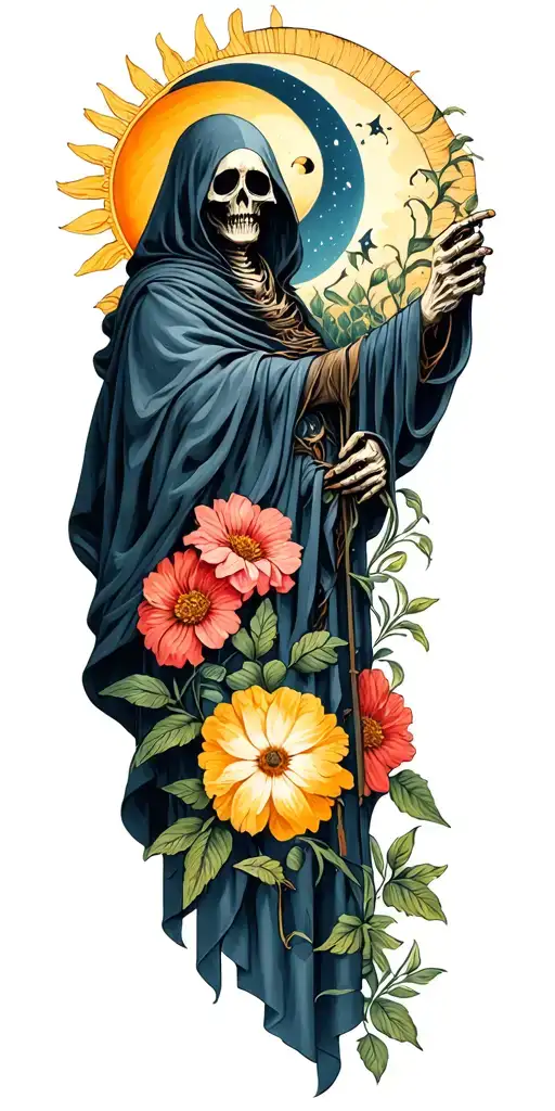 grim reaper full body with sun and moon with flowers tattoo design idea