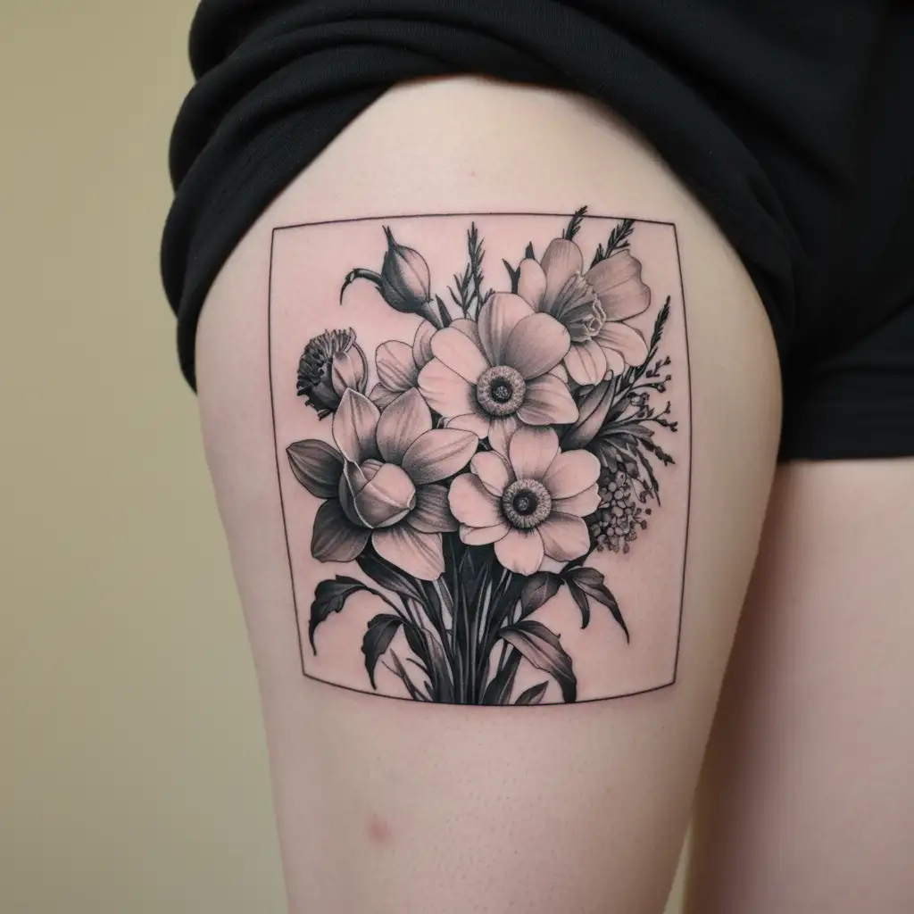 Flower Bouquet of 1 daffodil, 1 Daisy, 1 rose, 1 gladiolus and 2 cherysanthenum tattoo design idea