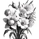 Flower Bouquet of 1 daffodil, 1 Daisy, 1 rose, 1 gladiolus and 2 cherysanthenum tattoo design idea