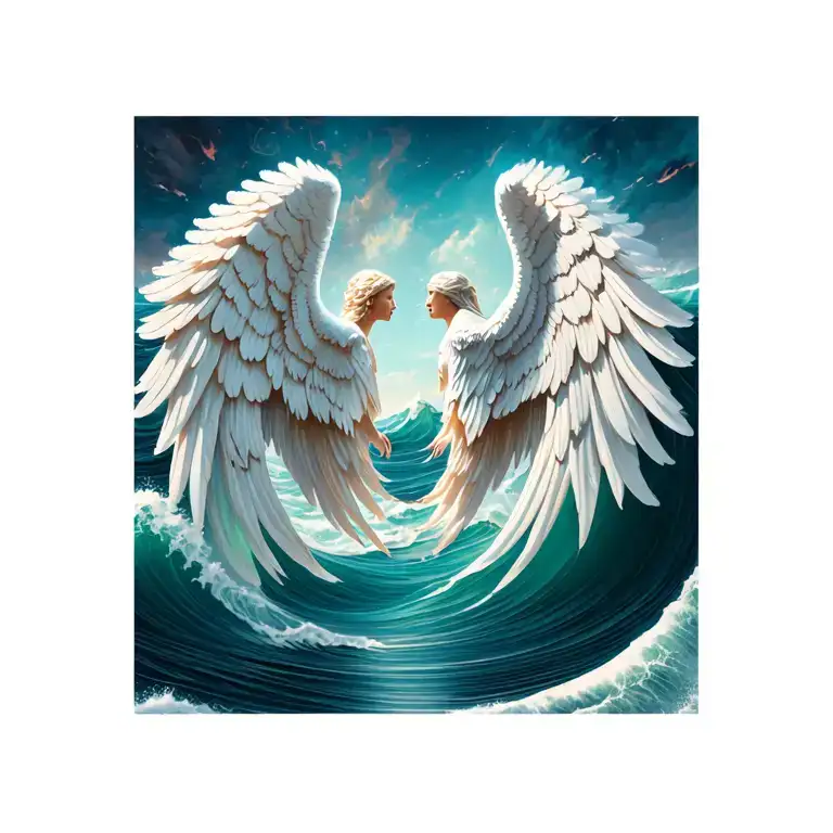 two waves facing each other morphing into angel wings tattoo design idea
