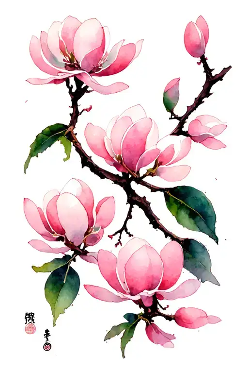A Japanese-inspired illustration featuring a delicate branch adorned with vertically arranged soft pink magnolia blossom tattoo design idea