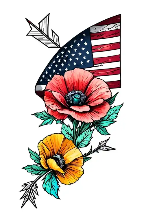 american flag downward spiral, colorful flowers, arrow, small poppy flower, turquoise jewlery, green leaves tattoo design idea
