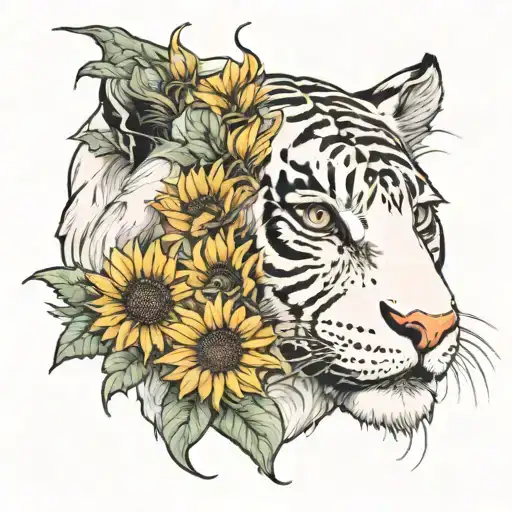 sunflower and crescent moon with white tiger eyes tattoo design idea