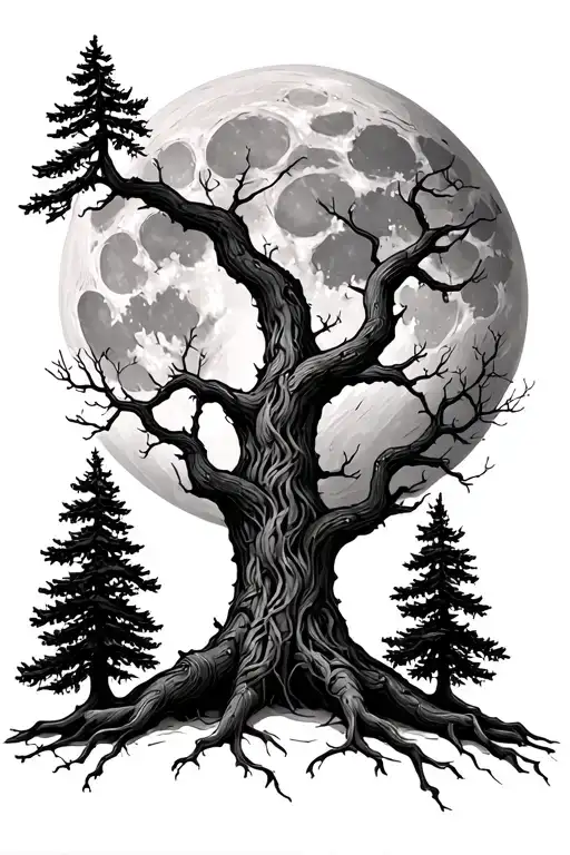 large moon behind pine trees knotted roots tattoo design idea