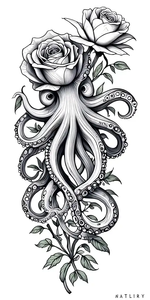 octopus, snowdrop, rose, marigold flower tattoo design idea