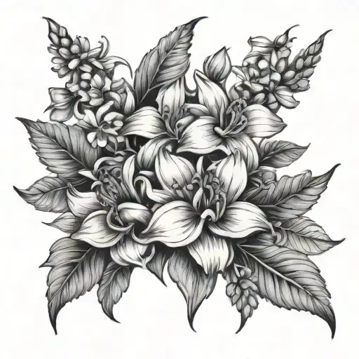bouquet with larkspur and aster flower with a bow to tie them together  tattoo design idea