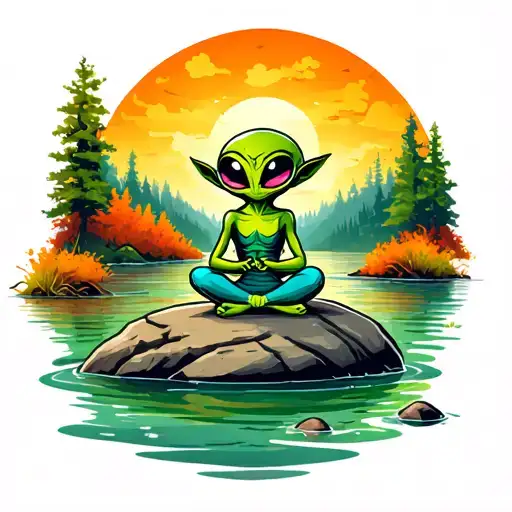 Cute little green alien meditating on a rock in the shallow part of a river during autumn tattoo design idea