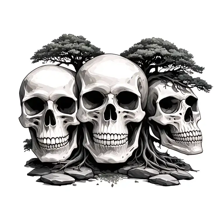 skulls, stone, trees with the names Naomi,Jim,linda tattoo design idea