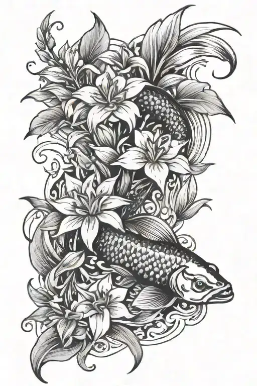 lily flower and koi fish tattoo design idea