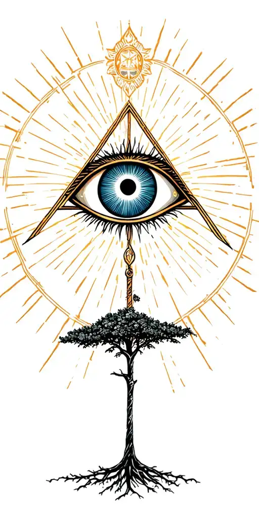 Place an all-seeing eye above the Tree of Life, glowing within a triangle or sacred geometry. Use rays or light to show  tattoo design idea
