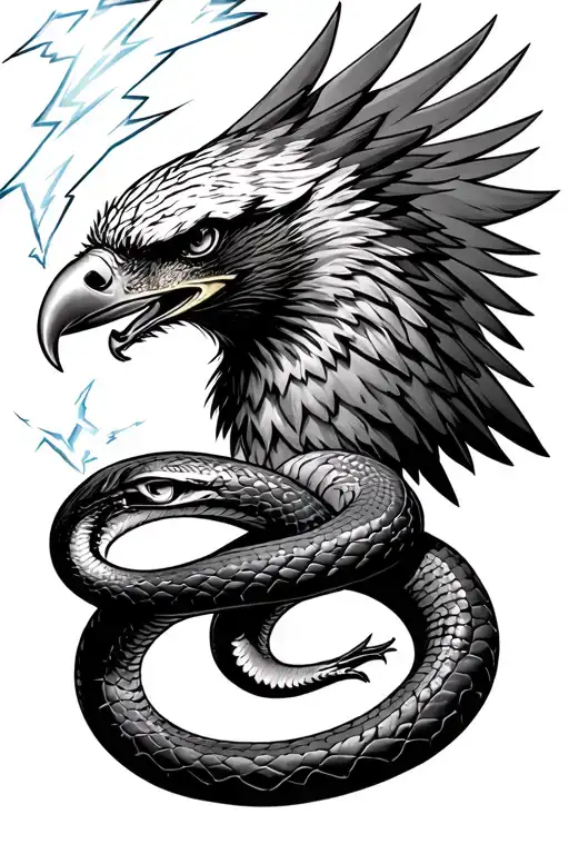 eagle head biting snake holding lightning bolt striking into something tattoo design idea