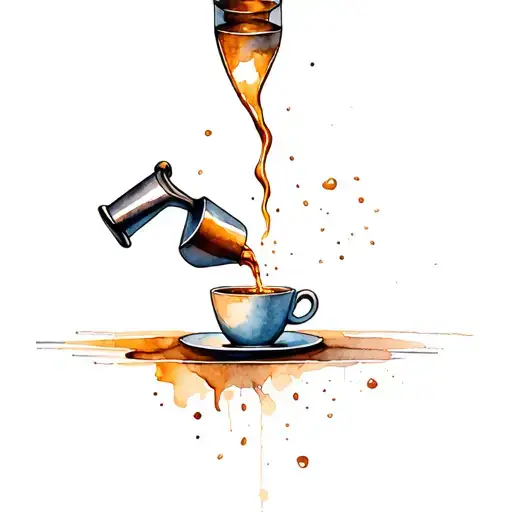 a moka pot pouring coffee into a cup floating tattoo design idea
