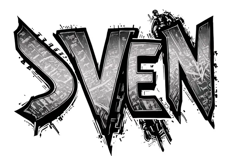 Text of "SVEN" in block letters with motorcylce tracks across text from left to right and motorcylce riding away  tattoo design idea