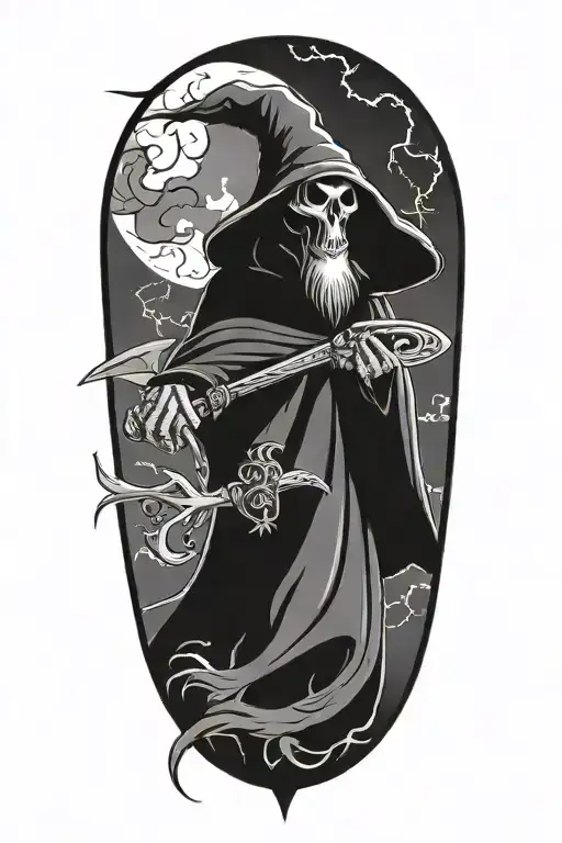 A dynamic tattoo featuring a cartoon grim reaper, a plague doctor, and a crow in a dramatic pose, set against a backdrop of swirling clouds and lightning bolts tattoo design idea