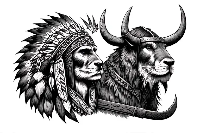 Viking tribal with native american animals tattoo design idea