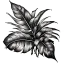 A dotwork design of a structured graphic representation of a banana leaf and sugar cane plant intertwined, wrapping around the arm and leading up to the shoulder, with a subtle touch of the Martinique island map hidden within the pattern. tattoo design idea