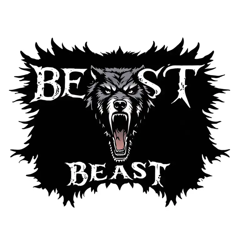centered black howling werewolf with the word "BEAST" tattoo design idea