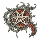 satanic pentagram, blood splatter, symbols, witchcraft, blood vessels, veins, flesh, bones tattoo design idea