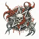 satanic pentagram, blood splatter, symbols, witchcraft, blood vessels, veins, flesh, bones tattoo design idea