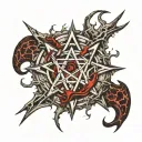 satanic pentagram, blood splatter, symbols, witchcraft, blood vessels, veins, flesh, bones tattoo design idea