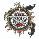 satanic pentagram, blood splatter, symbols, witchcraft, blood vessels, veins, flesh, bones tattoo design idea