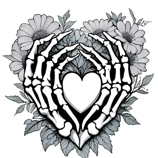 heart shaped skeleton hands wild flowers tattoo design idea