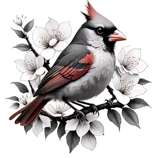 Female cardinal in dogwood trees and flowers tattoo design idea