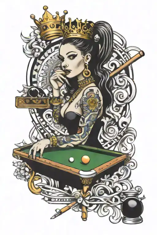 A billiard-themed tattoo featuring a confident queen playing pool surrounded by good vibes only tattoo design idea