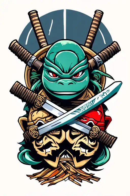 katana with nunchucks and two tmnt masks wrapped around it tattoo design idea