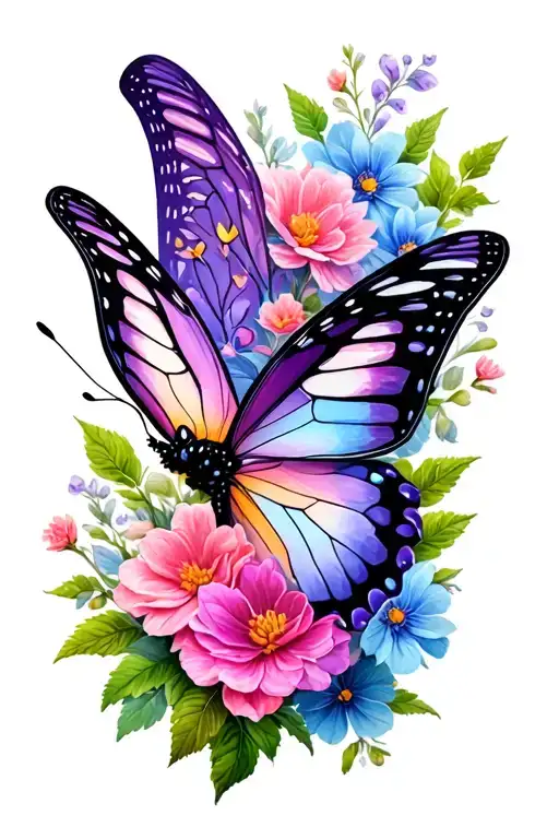 butterfly surrounded with flowers and greenery sleeve use purples, periwinkle, pinks, greens tattoo design idea