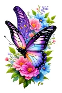butterfly surrounded with flowers and greenery sleeve use purples, periwinkle, pinks, greens tattoo design idea