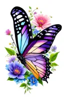 butterfly surrounded with flowers and greenery sleeve use purples, periwinkle, pinks, greens tattoo design idea